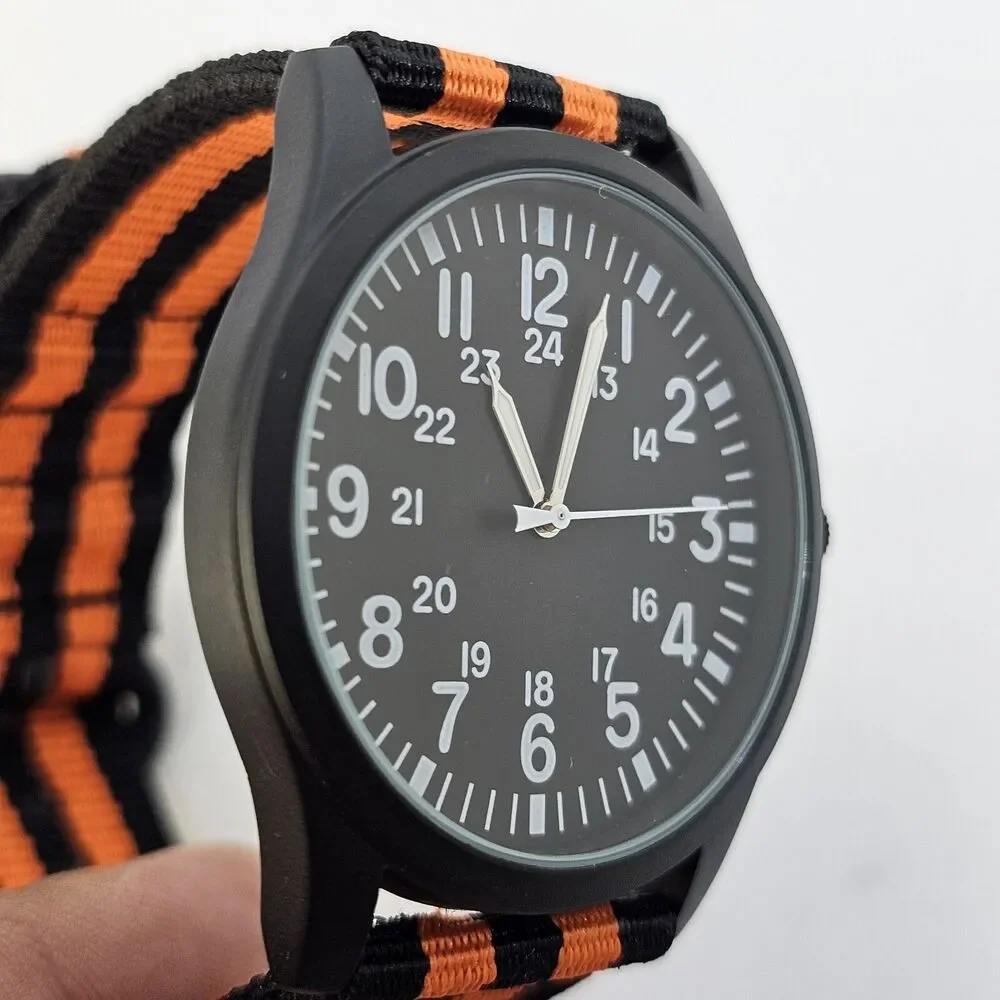 Field Military Men's Watch 42MM Black Case Dial Black‎ Orange Canvas Band Straps